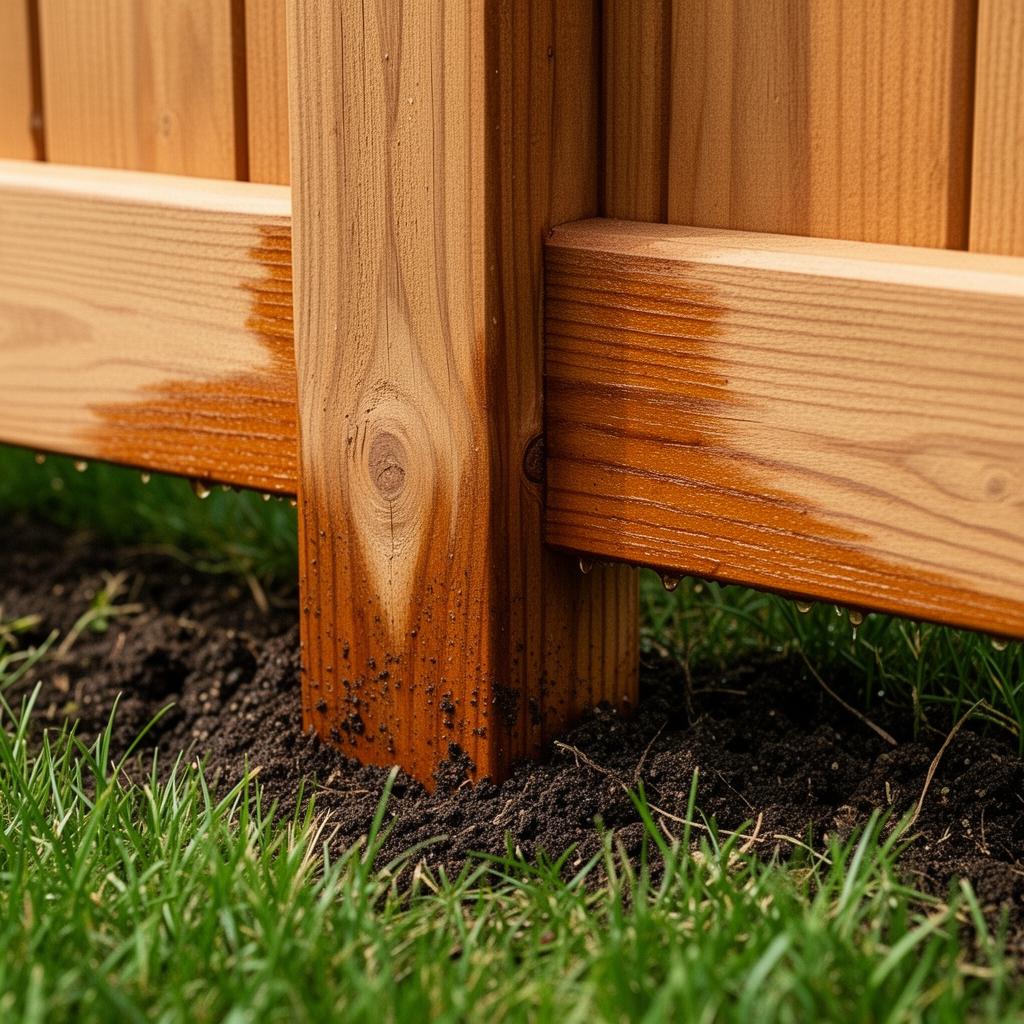 Close-up of sealed wood fence post base and bottom rail at ground level in Edina, MN with damp soil and green grass