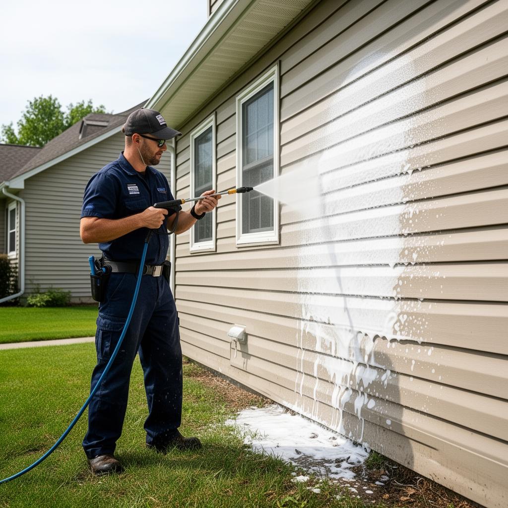Soft wash being applied to residential vinyl siding at an Edina, MN home