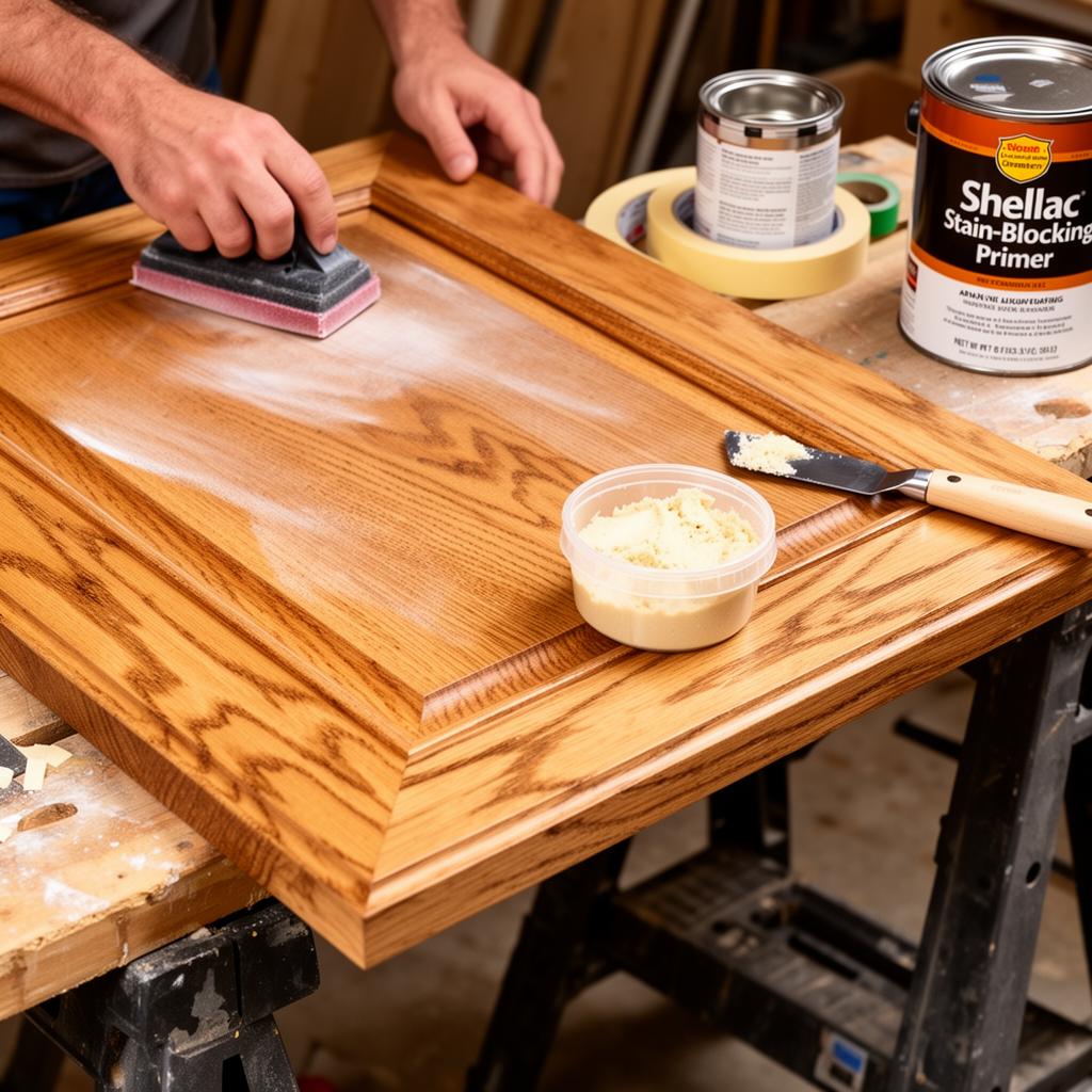 Wood surface prep - sanding, grain filling, and priming before painting in Edina, MN