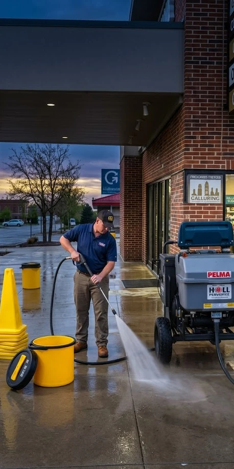 Commercial pressure washing crew cleaning a storefront entry and brick facade near Edina, MN