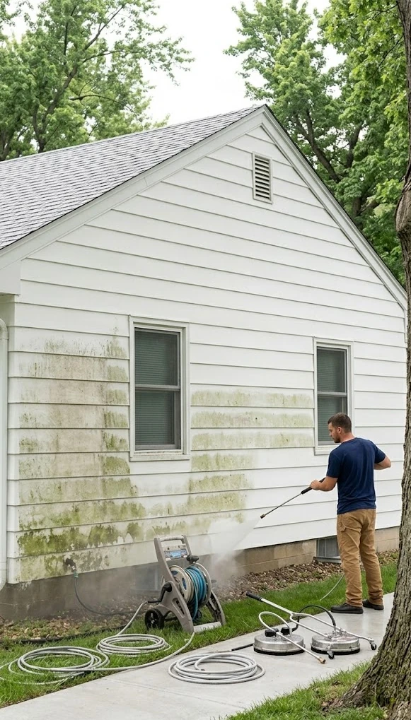 Pressure washing the siding of a two-story Edina, MN home showing clean siding contrast