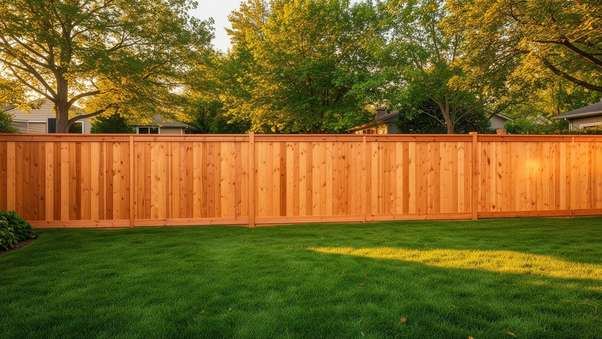 Freshly cleaned wood privacy fence in an Edina, MN backyard at golden hour