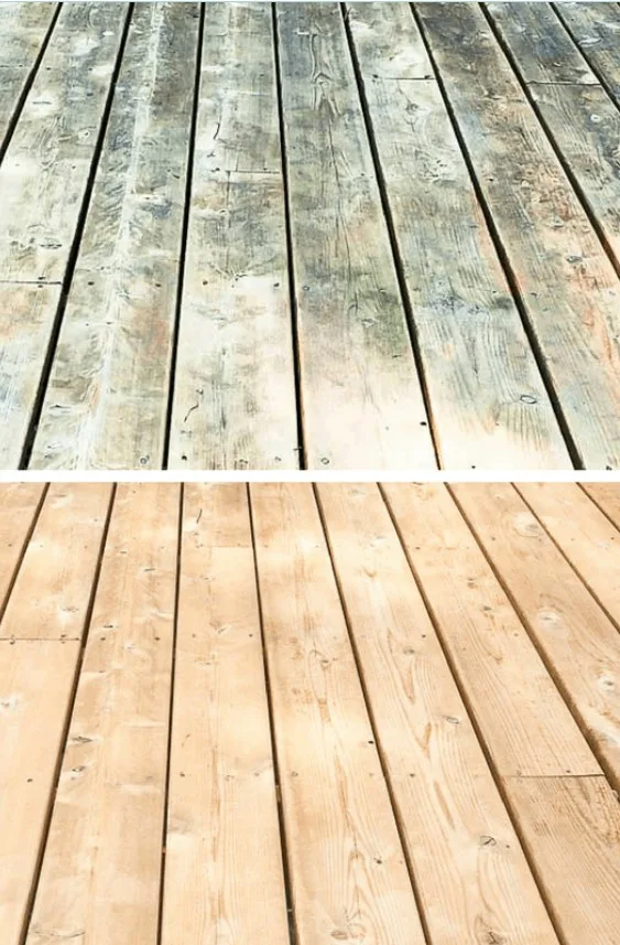 Before and after wood deck brightening in Edina, MN showing dull gray boards transformed to warm natural wood tone