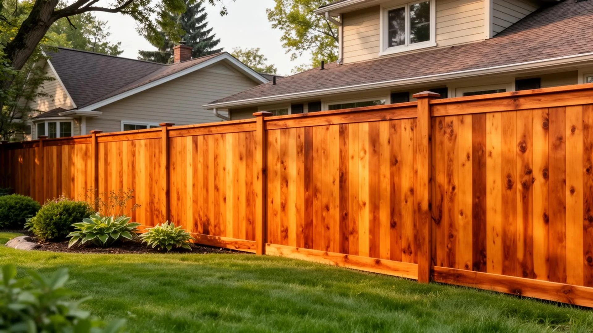 Freshly stained warm cedar wood privacy fence in front of an Edina, MN home showing rich honey-brown color and visible wood grain