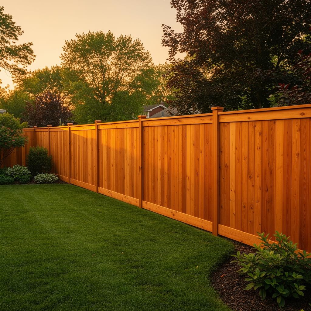 Long sealed cedar wood privacy fence in an Edina, MN backyard at golden hour with warm honey-brown color stretching along manicured lawn