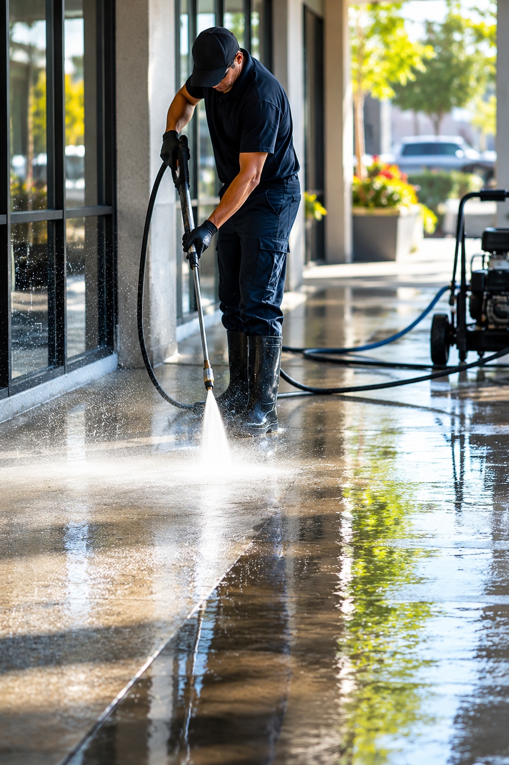 Commercial pressure washing crew cleaning a storefront sidewalk with a surface cleaner in Edina, MN