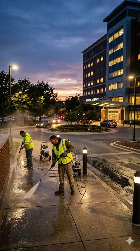Commercial pressure washing crew cleaning sidewalks at night outside a medical building in Edina, MN