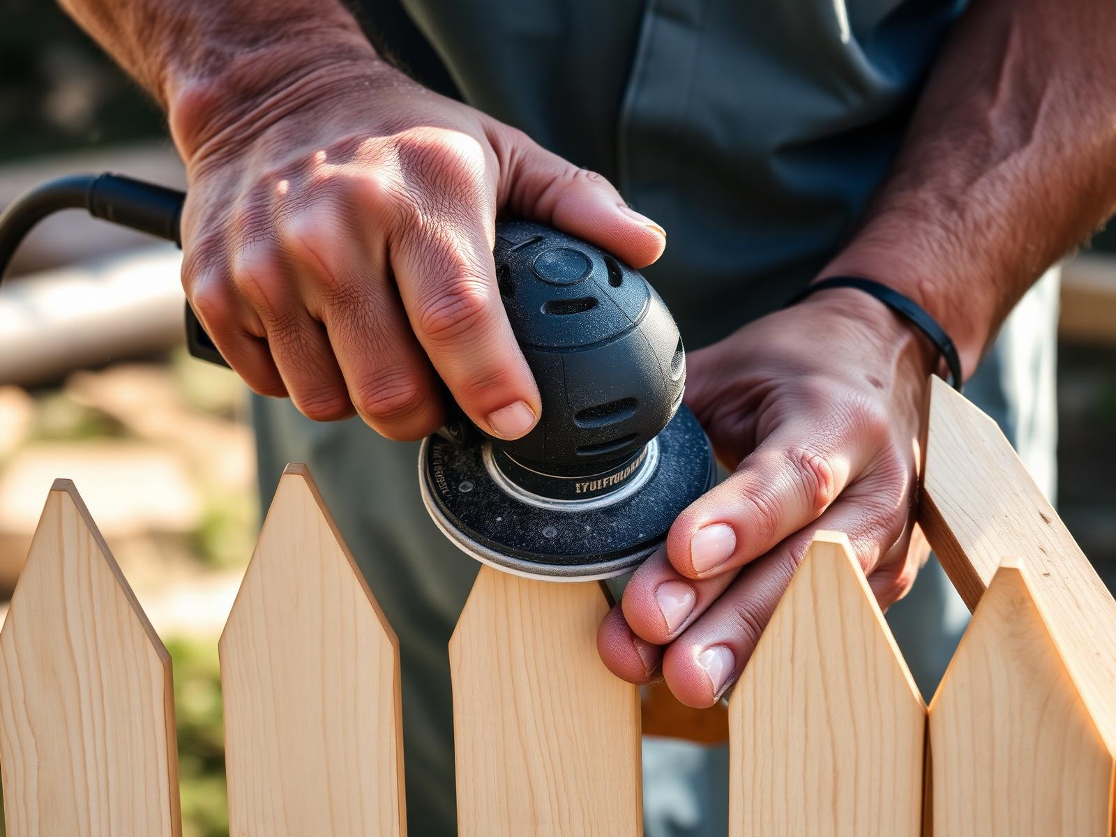 Orbital sander carefully smoothing thin wood fence pickets in Edina, MN with dog-ear top cuts visible