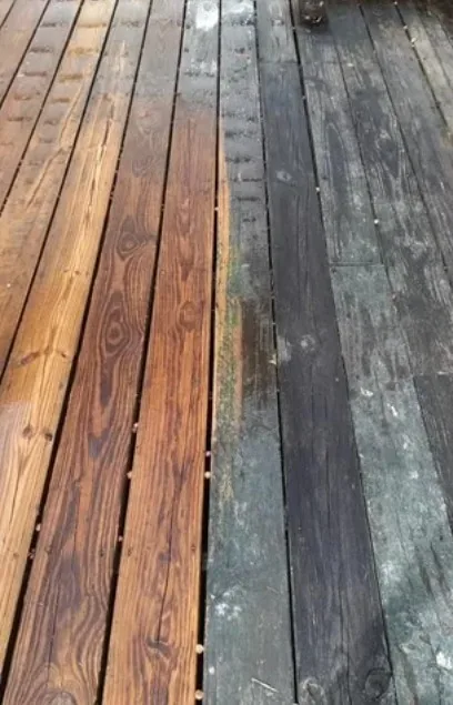 Side-by-side comparison of a weathered gray deck and a freshly cleaned deck in Edina, MN