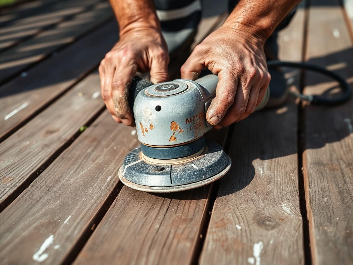 Sanding peeling paint off weathered deck boards during prep work in Edina, MN