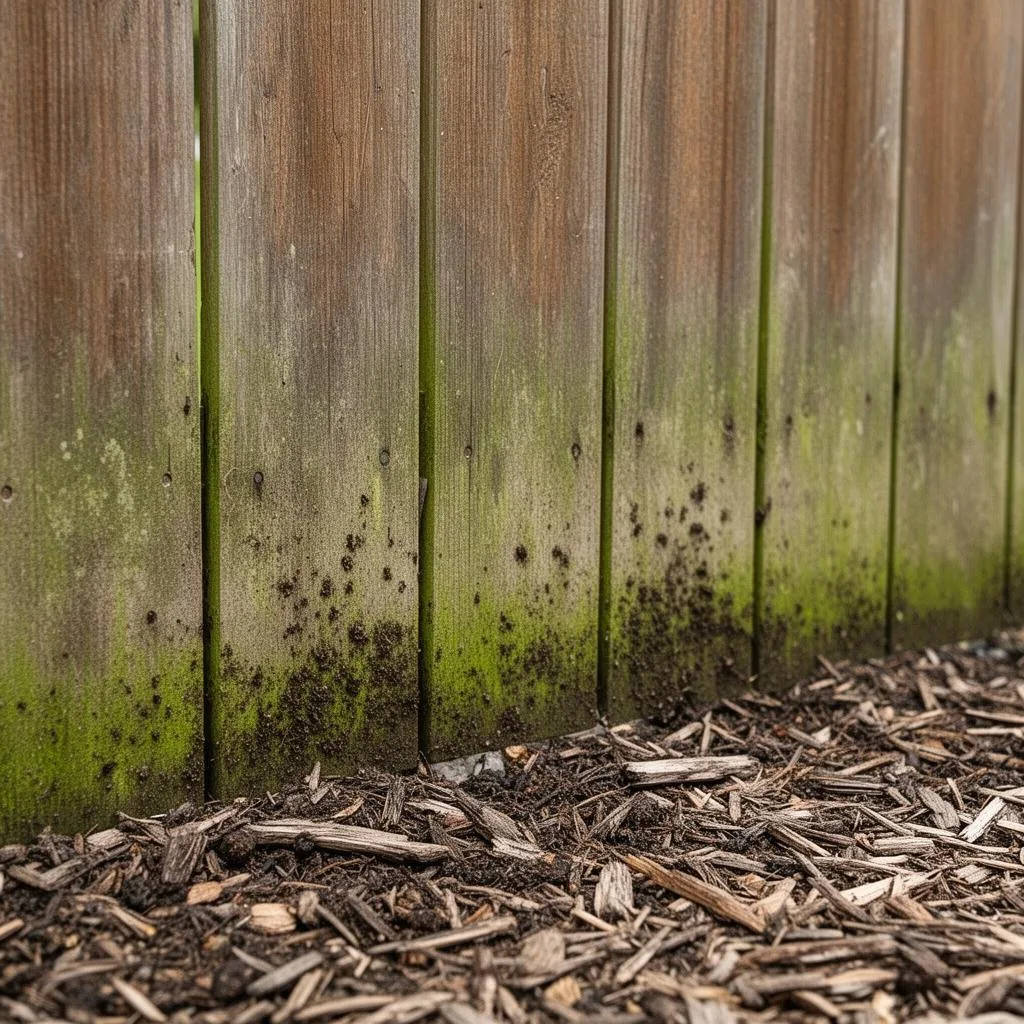 Base of a wood privacy fence in Edina, MN with green algae, black mold spots, and mulch piled against the lower pickets
