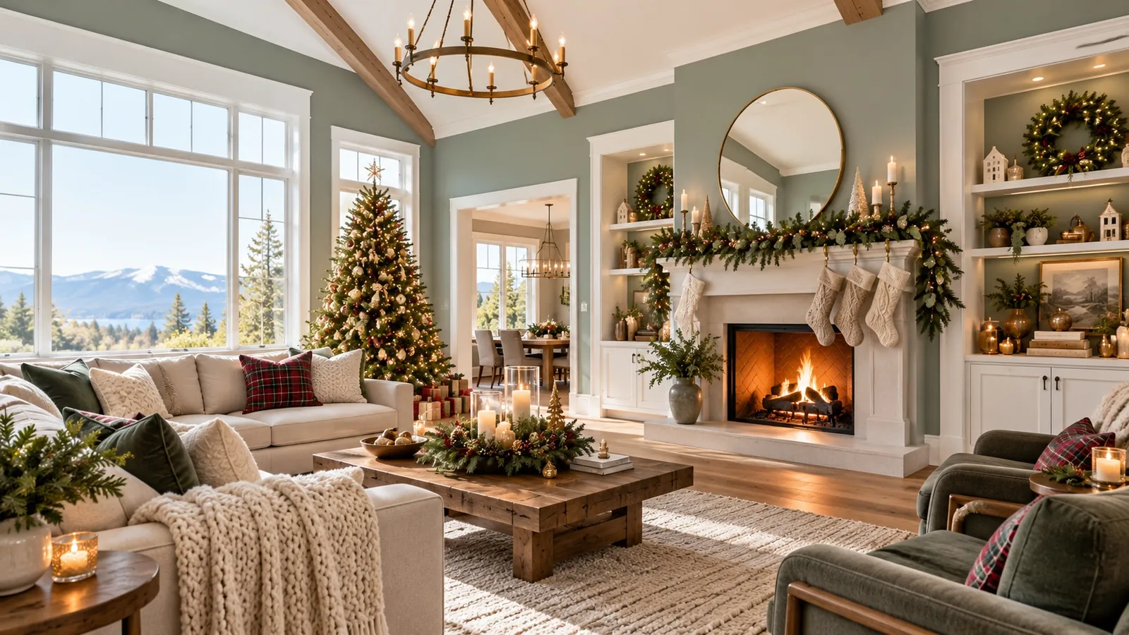 Freshly painted living room in an Edina home decorated for the holidays with a fireplace and Christmas tree