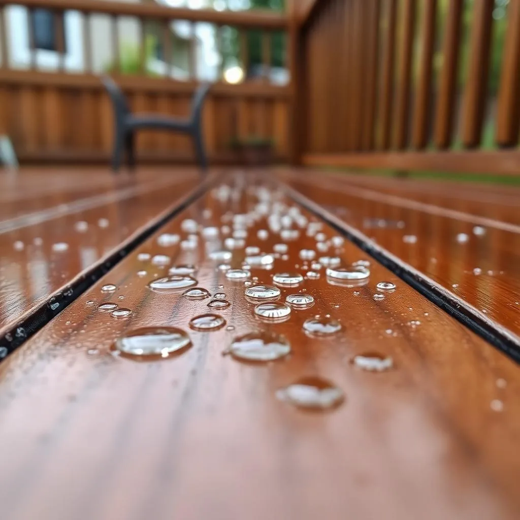 Water beading on a sealed wood deck in Edina, MN, showing the sealer is still working