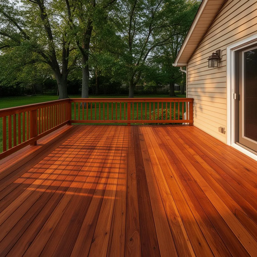 Freshly stained warm brown wood deck on a Minnesota home holding rich color in late afternoon sun