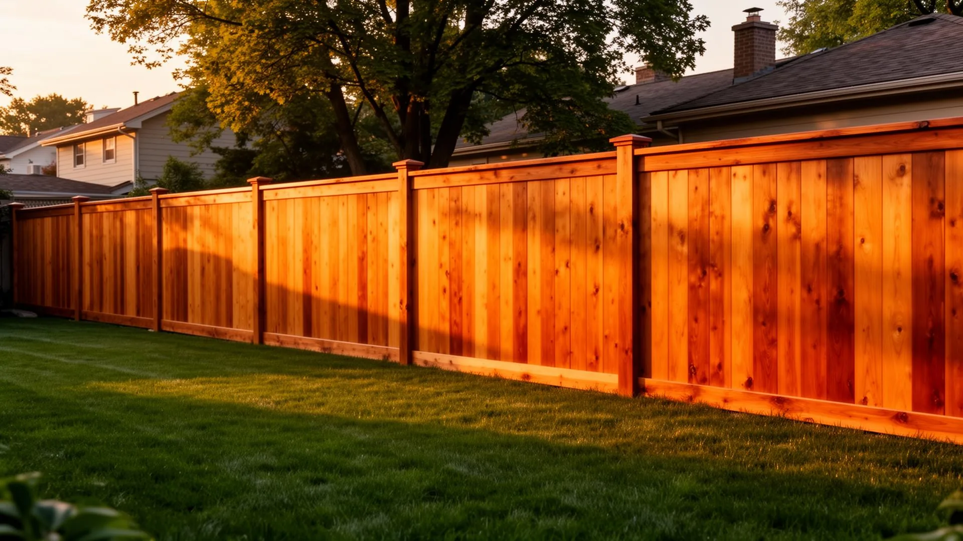 Long freshly stained warm honey-brown cedar wood privacy fence in an Edina, MN backyard at golden hour stretching along manicured lawn