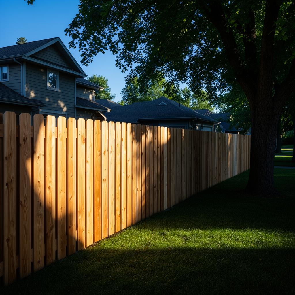 Wood fence in Edina, MN showing one side in bright direct sunlight and the other side in cool shade from a large tree