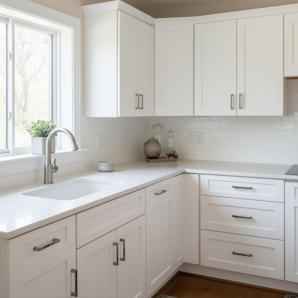 Freshly painted kitchen cabinets and bath vanity in an Edina, MN home