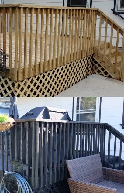 Before and after of a full deck restoration in Edina, MN with new railings and dark finish