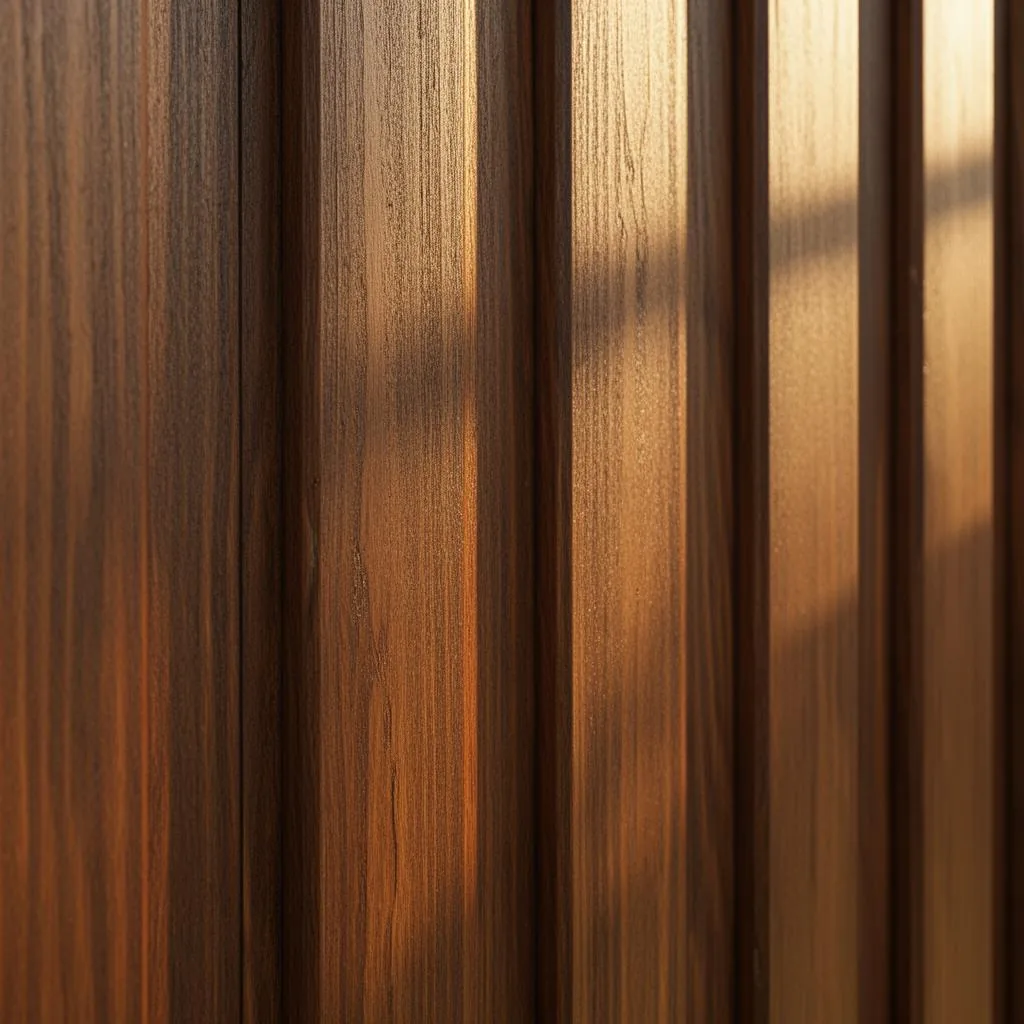 Close-up of vertical wood fence pickets in Edina, MN with rich brown stain finish showing wood grain and raking sunlight across the surface
