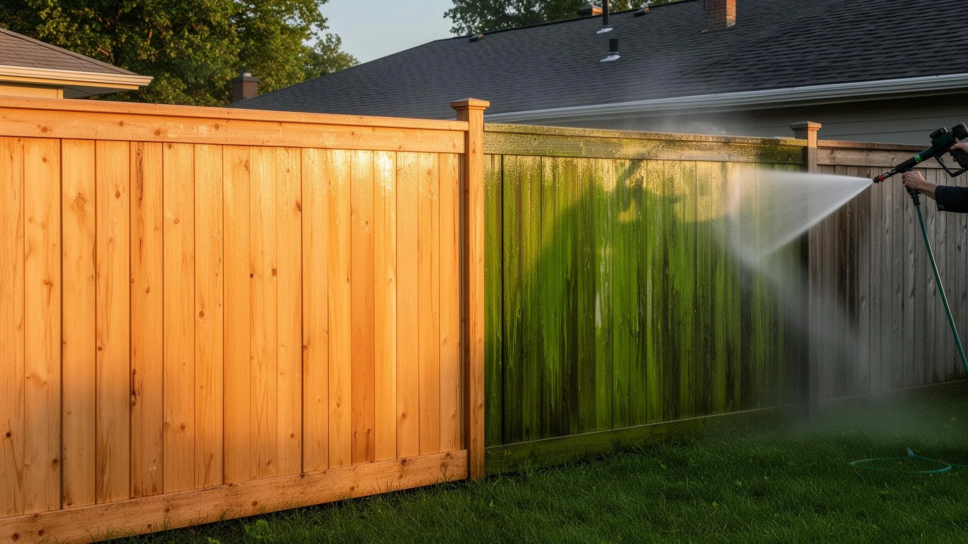 Wood privacy fence in Edina, MN being cleaned, half bright and clean next to weathered green-streaked panels
