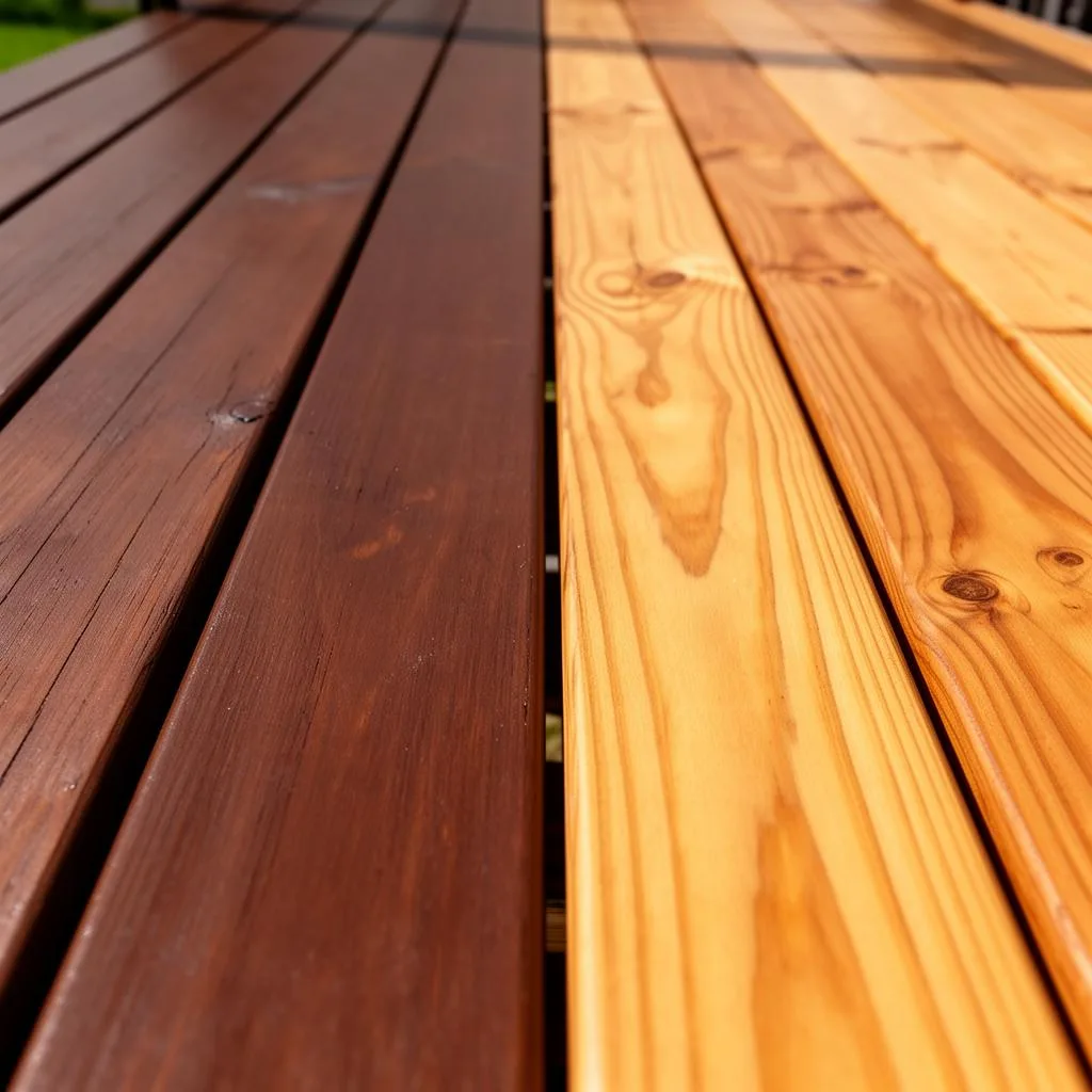 Side by side comparison of solid stain and semi-transparent stain on wood deck boards in Edina, MN