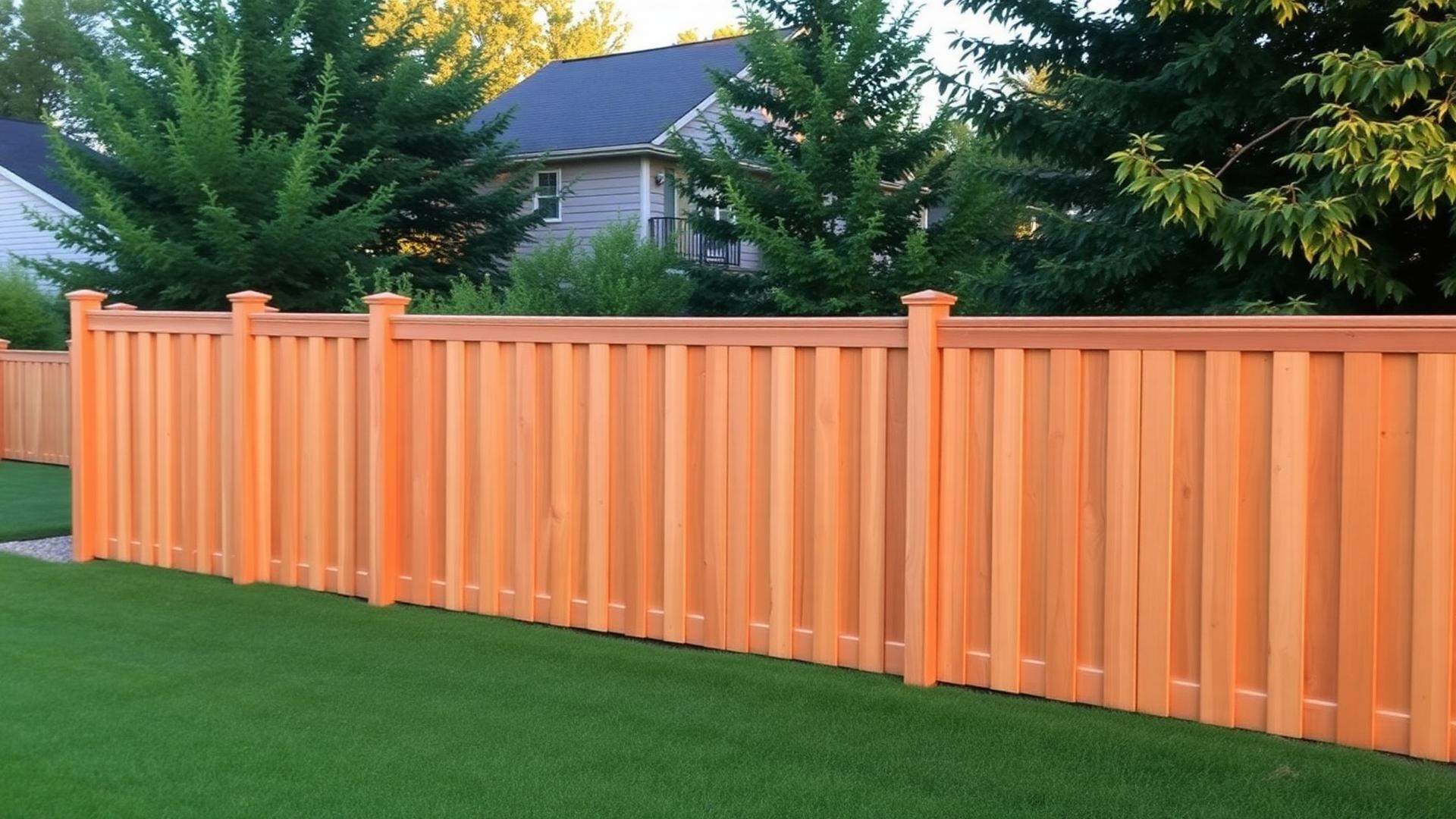 Freshly refinished wood privacy fence in an Edina, MN backyard at golden hour with warm honey-toned stain