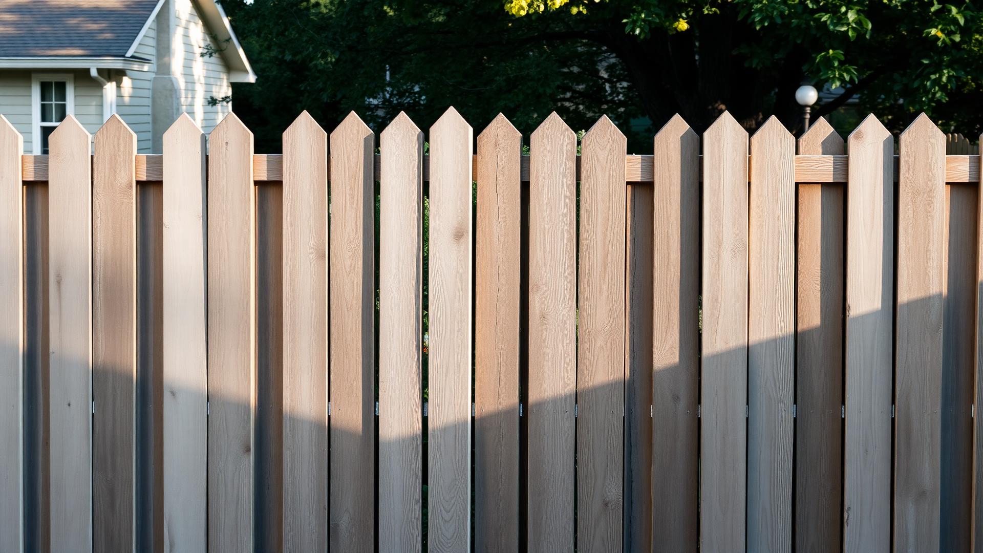 Weathered wood privacy fence in Edina, MN with peeling paint and rough gray pickets in need of refinishing