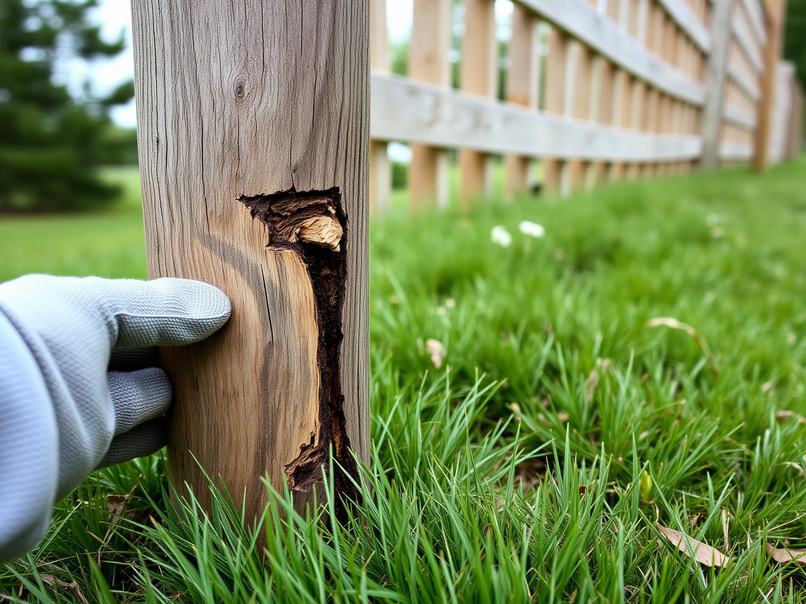 Gloved hand inspecting visible rot at the ground line of a wood fence post in Edina, MN