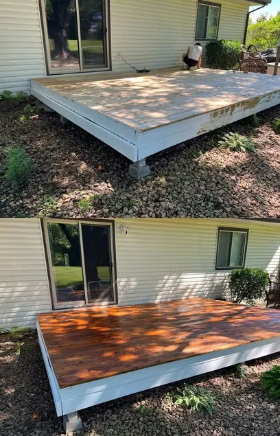 Before and after of a weathered Edina deck transformed with a rich wood stain