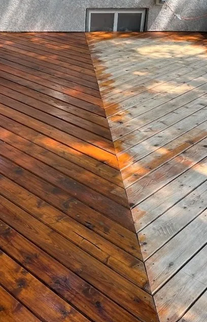 Edina deck refinishing in progress showing weathered gray boards beside freshly refinished rich-stained wood