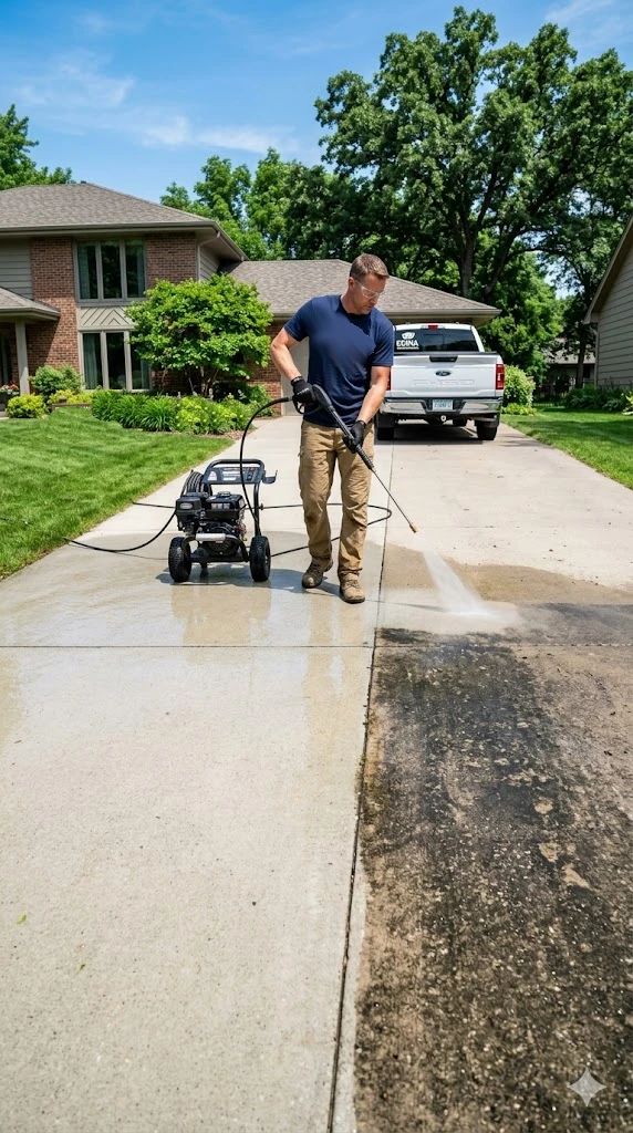 Before-and-after driveway pressure washing in Edina, MN showing stained concrete cleaned to bright surface