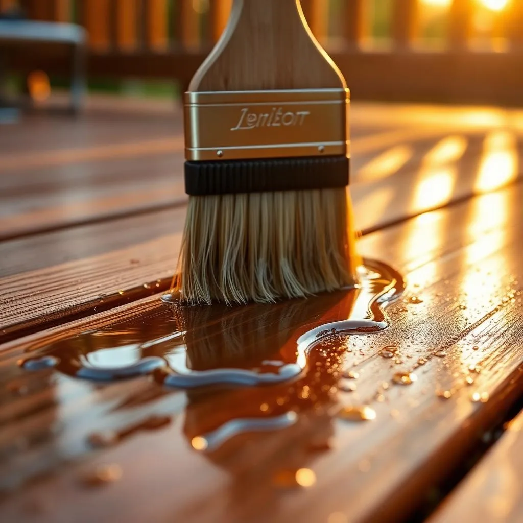 Clear protective sealer being brushed onto a wood deck in Edina, MN