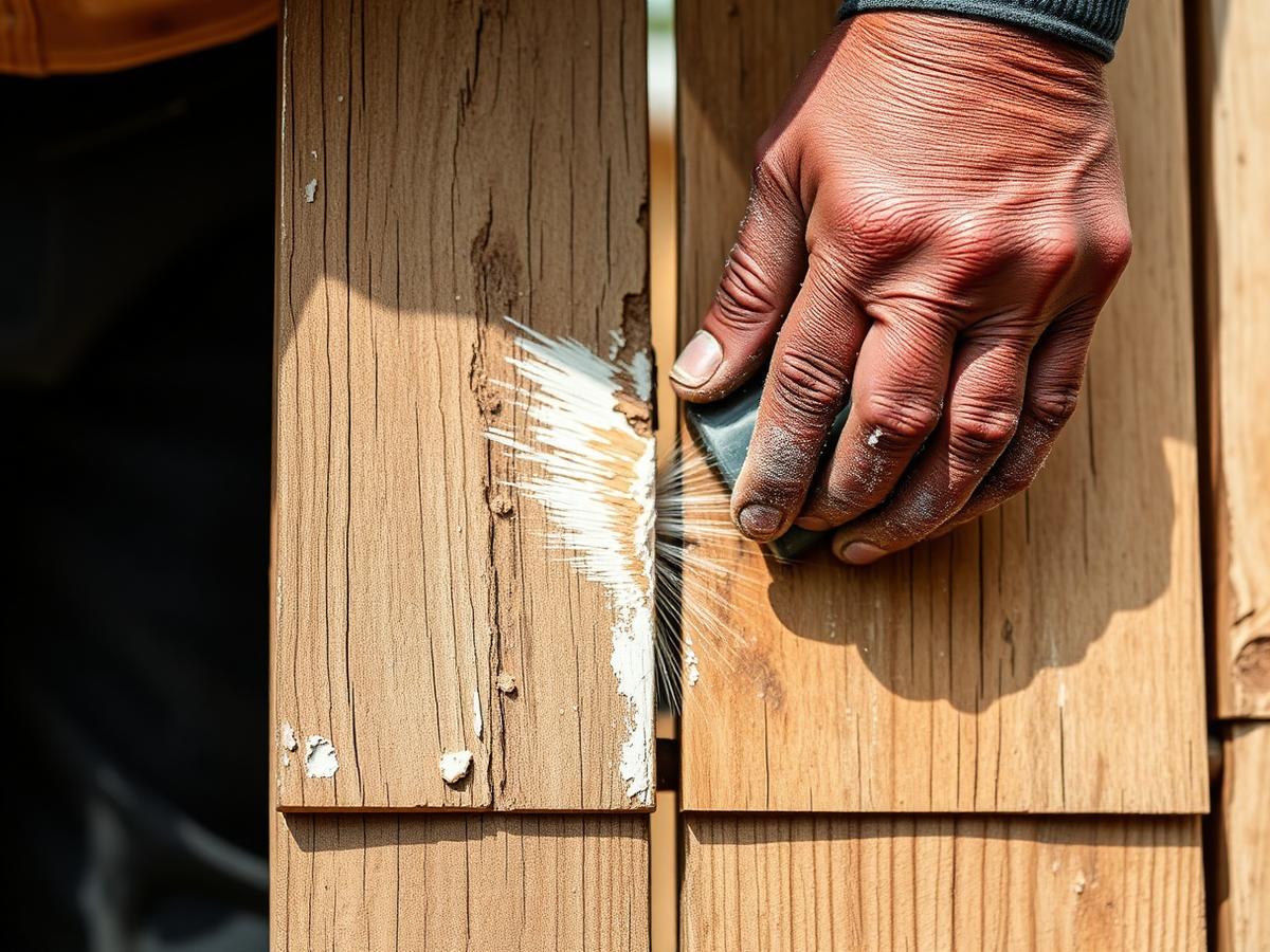 Scraping and sanding flaking paint off cedar fence pickets in Edina, MN