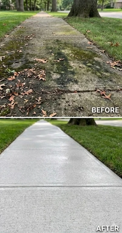 Algae-covered sidewalk next to freshly pressure-washed clean concrete walkway in Edina