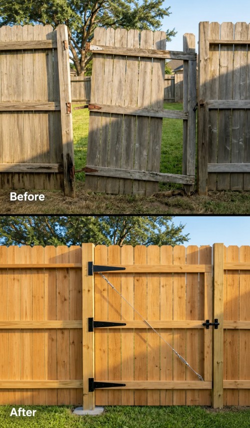 Before and after of a sagging wood gate repair in Edina, MN showing the restored gate with new hardware