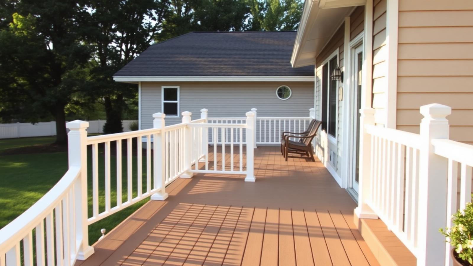 Freshly painted wood deck with white railings on a home in Edina, MN by JVN Exteriors