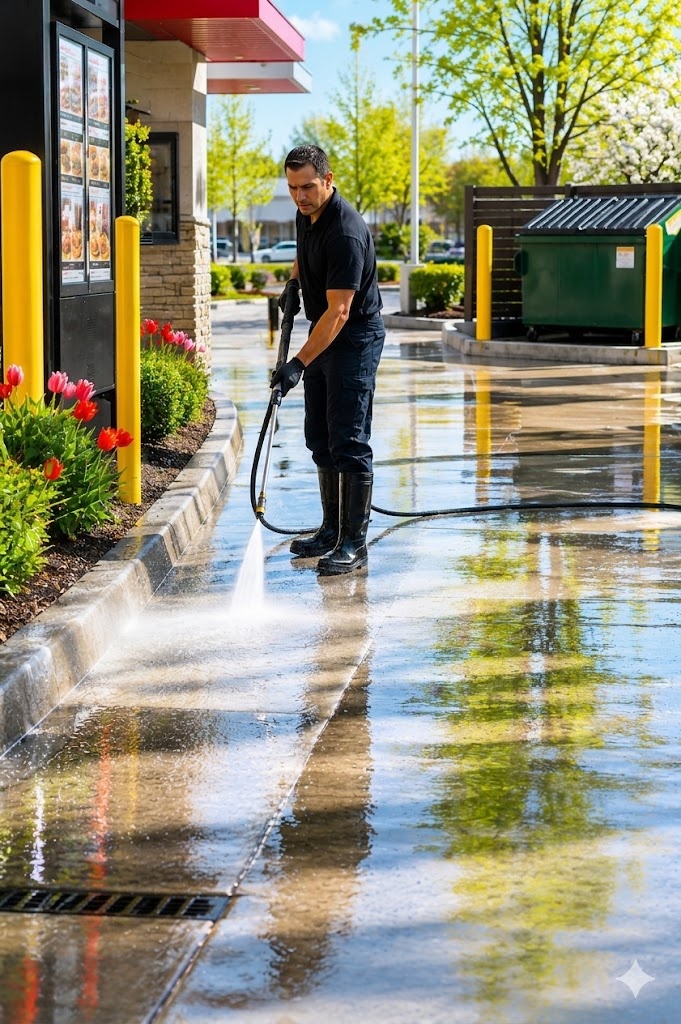 Pressure washing a drive-thru lane and dumpster pad area at a commercial property in Edina, MN
