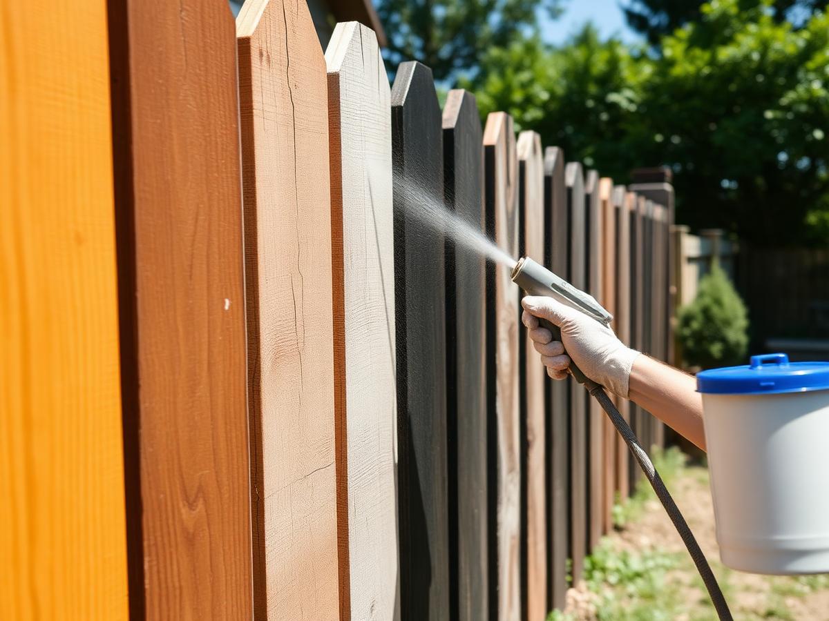 Applying solid paint to a wood fence panel in Edina, MN showing painted and weathered boards side by side