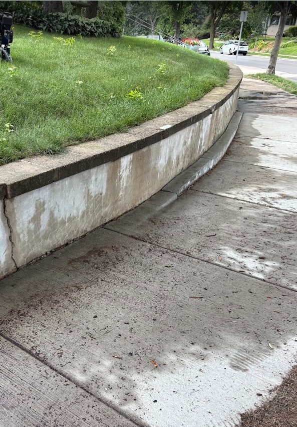 Slippery concrete sidewalk with algae and residue along a retaining wall in Edina, MN