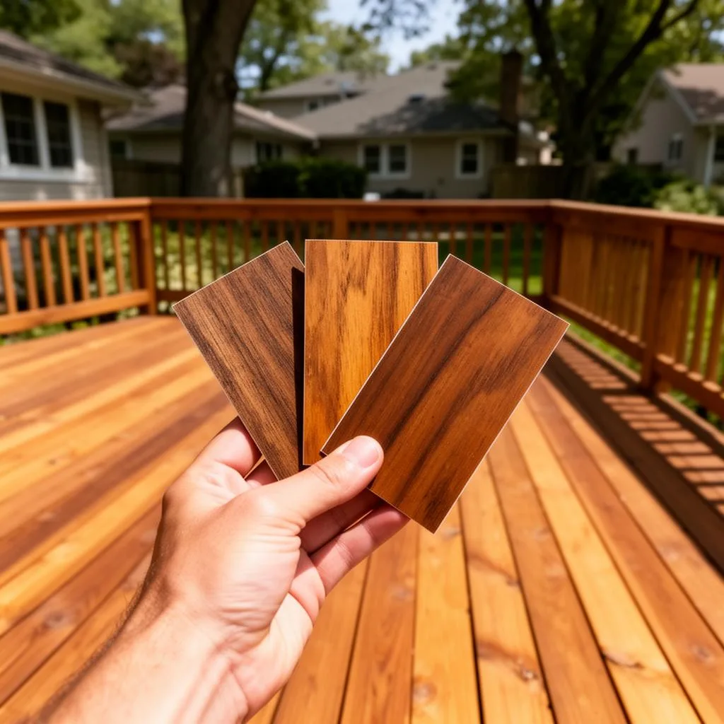 Hand holding deck stain color samples over a wood deck at an Edina, MN home